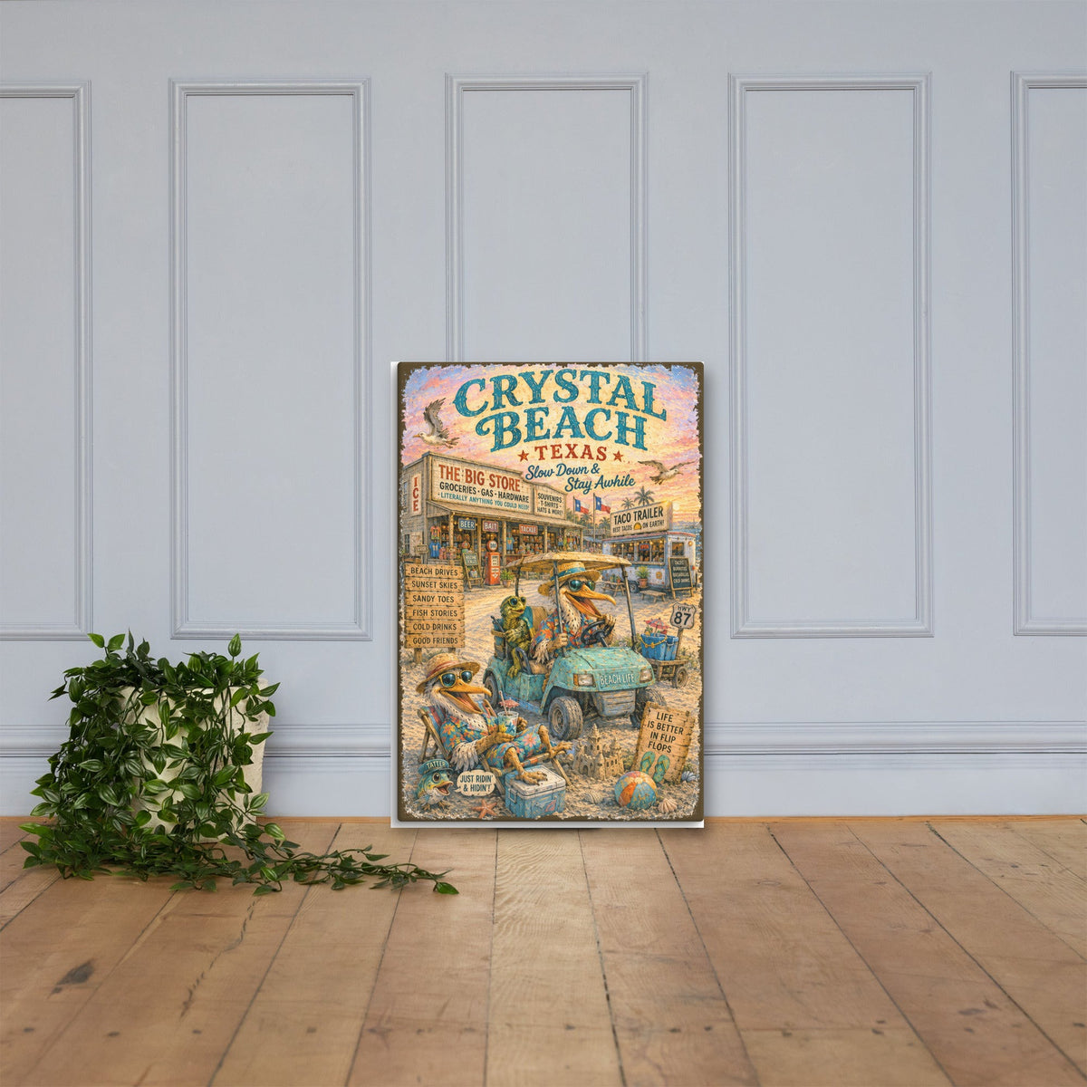 Crystal Beach Big Store & Taco Trailer canvas, 24x36 leaning on the floor