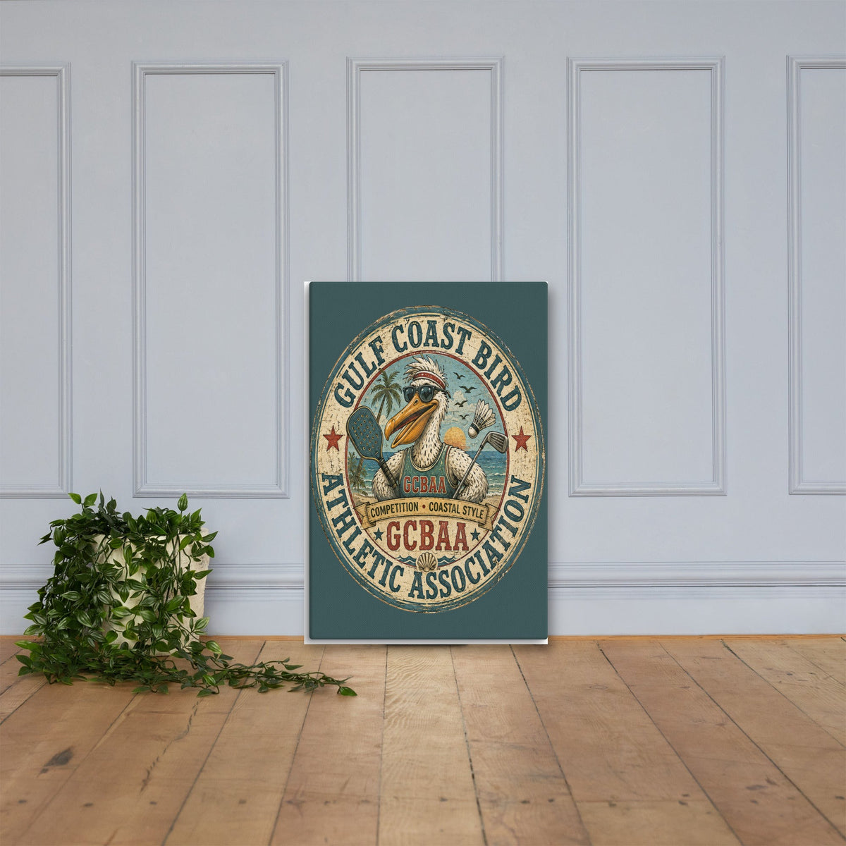 Gulf Coast Bird Athletic Association canvas, 24x36 leaning on the floor
