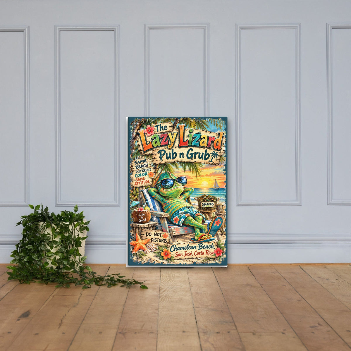 The Lazy Lizard Pub n Grub Canvas 24x36 leaning on a paneled wall