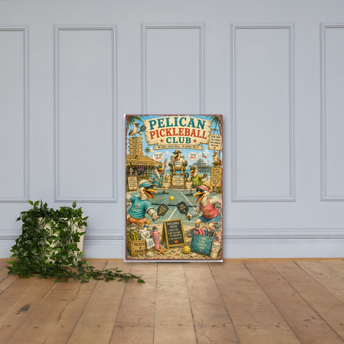 Pelican Pickleball Club canvas, 24x36 leaning on the floor