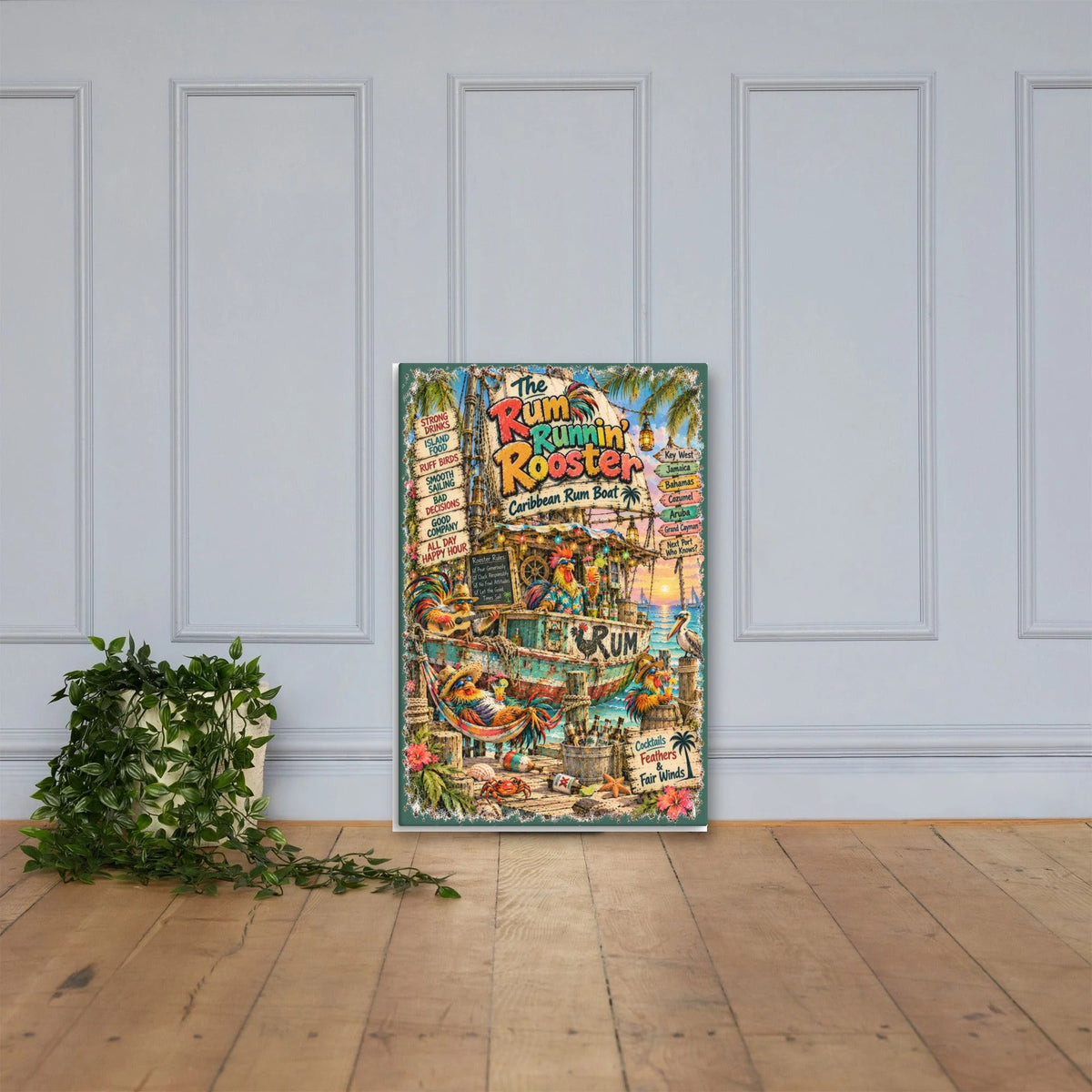 The Rum Runnin' Rooster Caribbean Rum Boat Canvas 24x36 leaning on a paneled wall