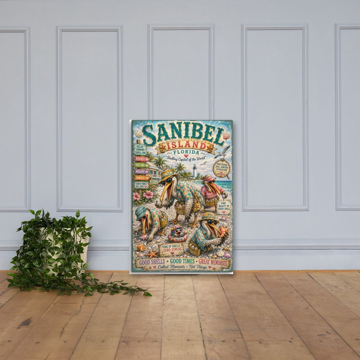 Sanibel Island Florida Canvas 24x36 leaning on a paneled wall