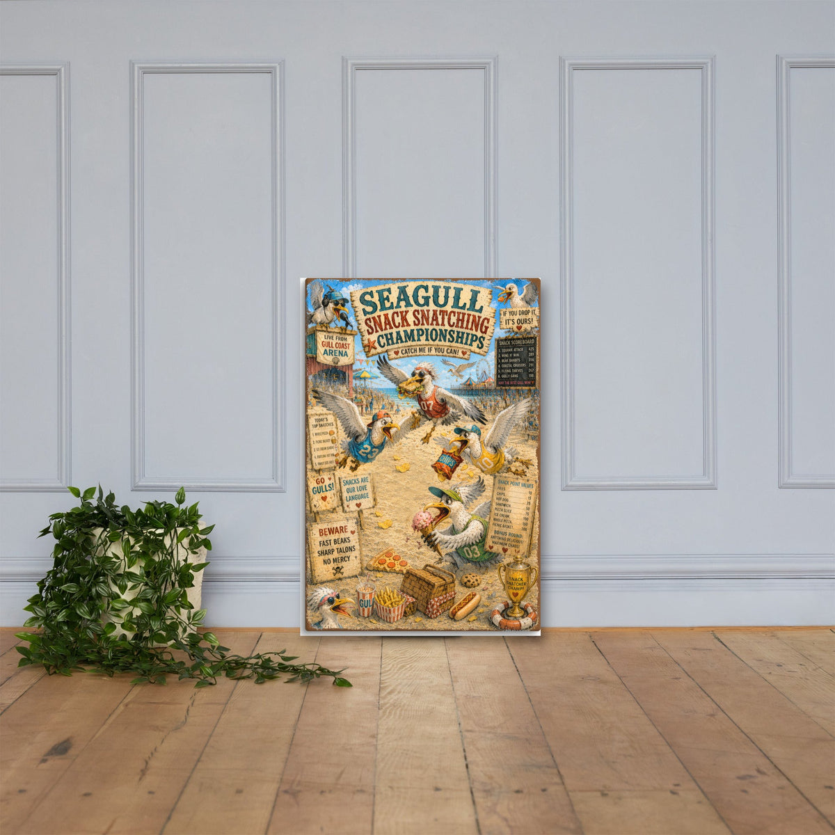 Seagull Snack Snatching Championships canvas, 24x36 leaning on the floor