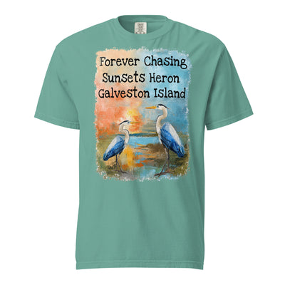 Forever Chasing Sunsets Heron Galveston Island t-shirt – original artwork by The Glass Tattoo Company