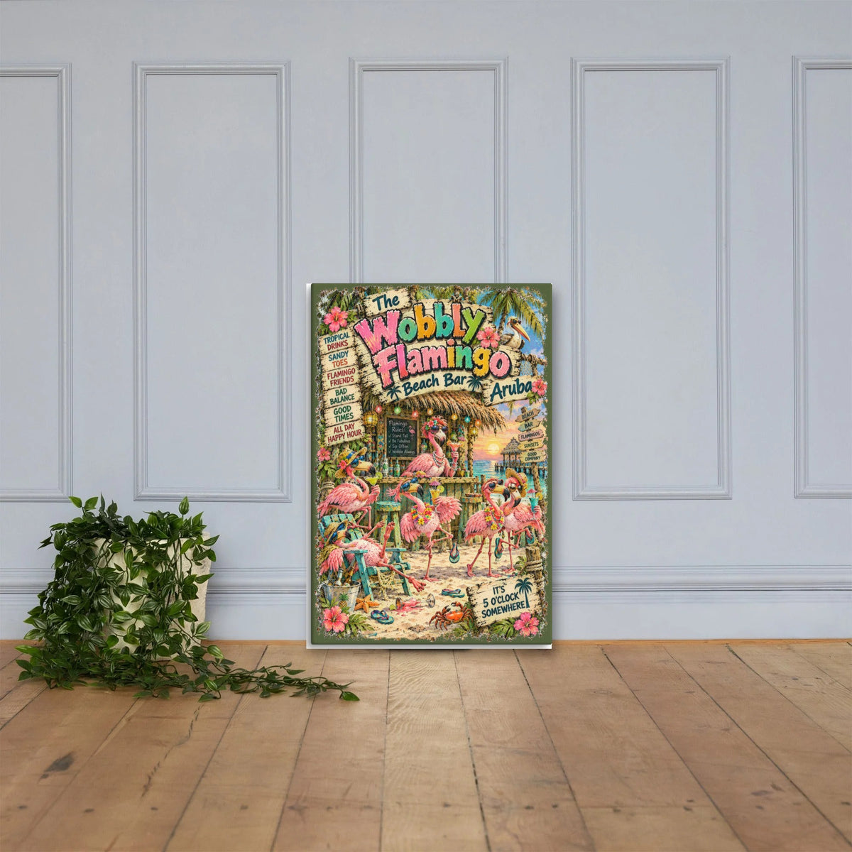 The Wobbly Flamingo Beach Bar Canvas 24x36 leaning on a paneled wall