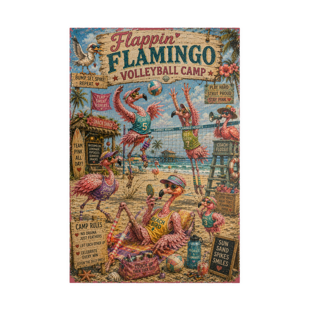 Flappin' Flamingo Volleyball Camp jigsaw puzzle – original artwork by The Glass Tattoo Company