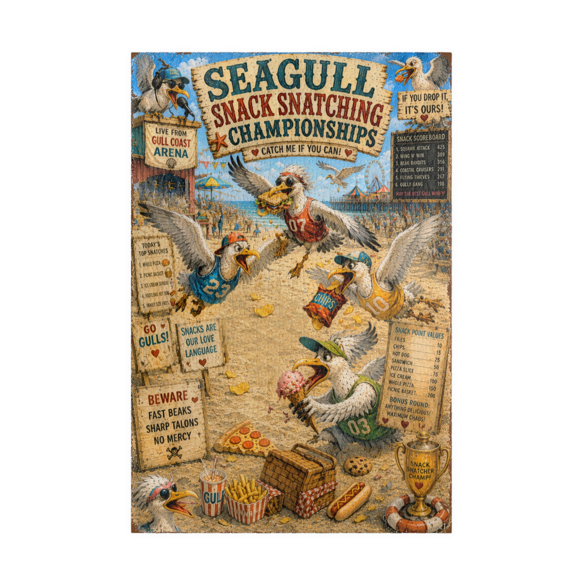 Seagull Snack Snatching Championships jigsaw puzzle – original artwork by The Glass Tattoo Company