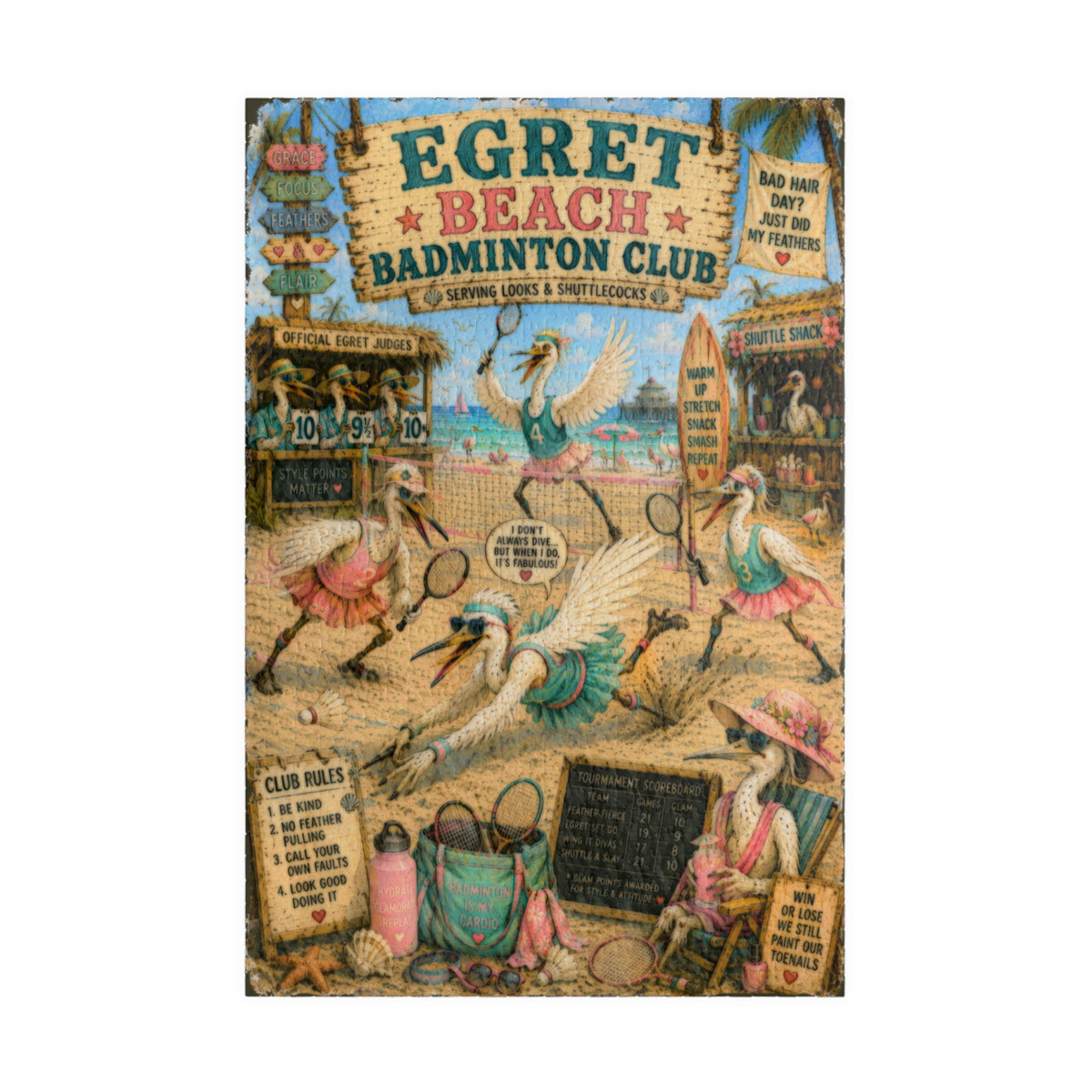 Egret Beach Badminton Club jigsaw puzzle – original artwork by The Glass Tattoo Company