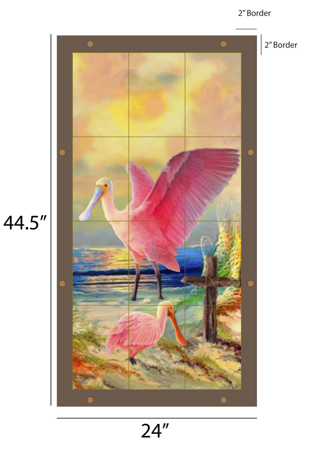 Hilda and Lolo outdoor art, two roseate spoonbills, kiln-fired glass panel