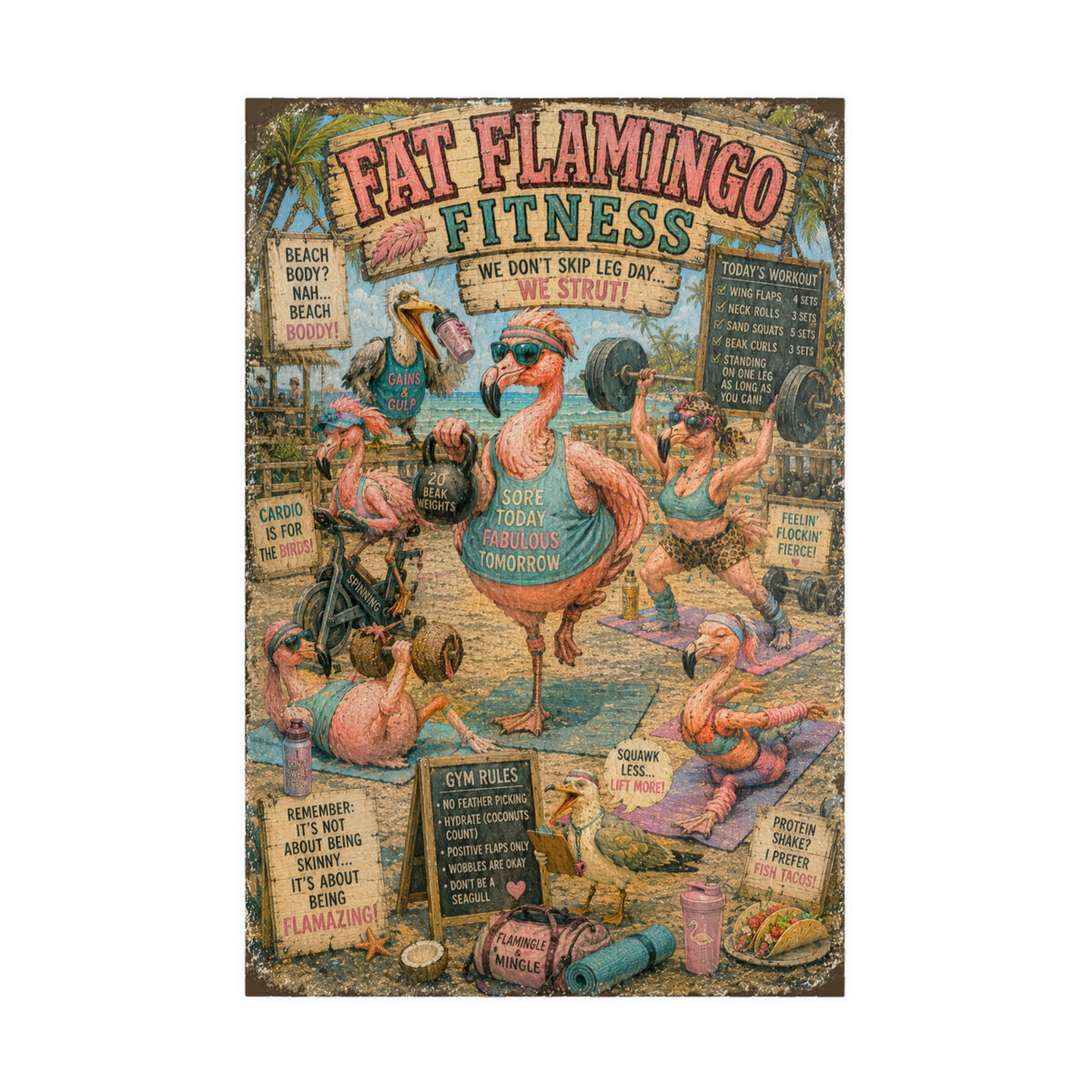 Flamingo Fitness Beach Workout jigsaw puzzle – original artwork by The Glass Tattoo Company