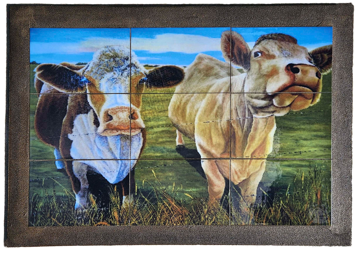 Cows outdoor art, two cows in a pasture, kiln-fired glass panel
