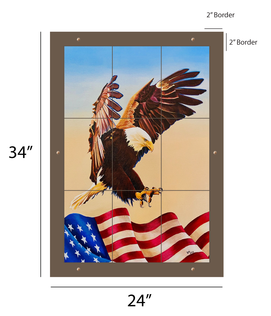 American Eagle outdoor art, a bald eagle over the American flag, kiln-fired glass panel