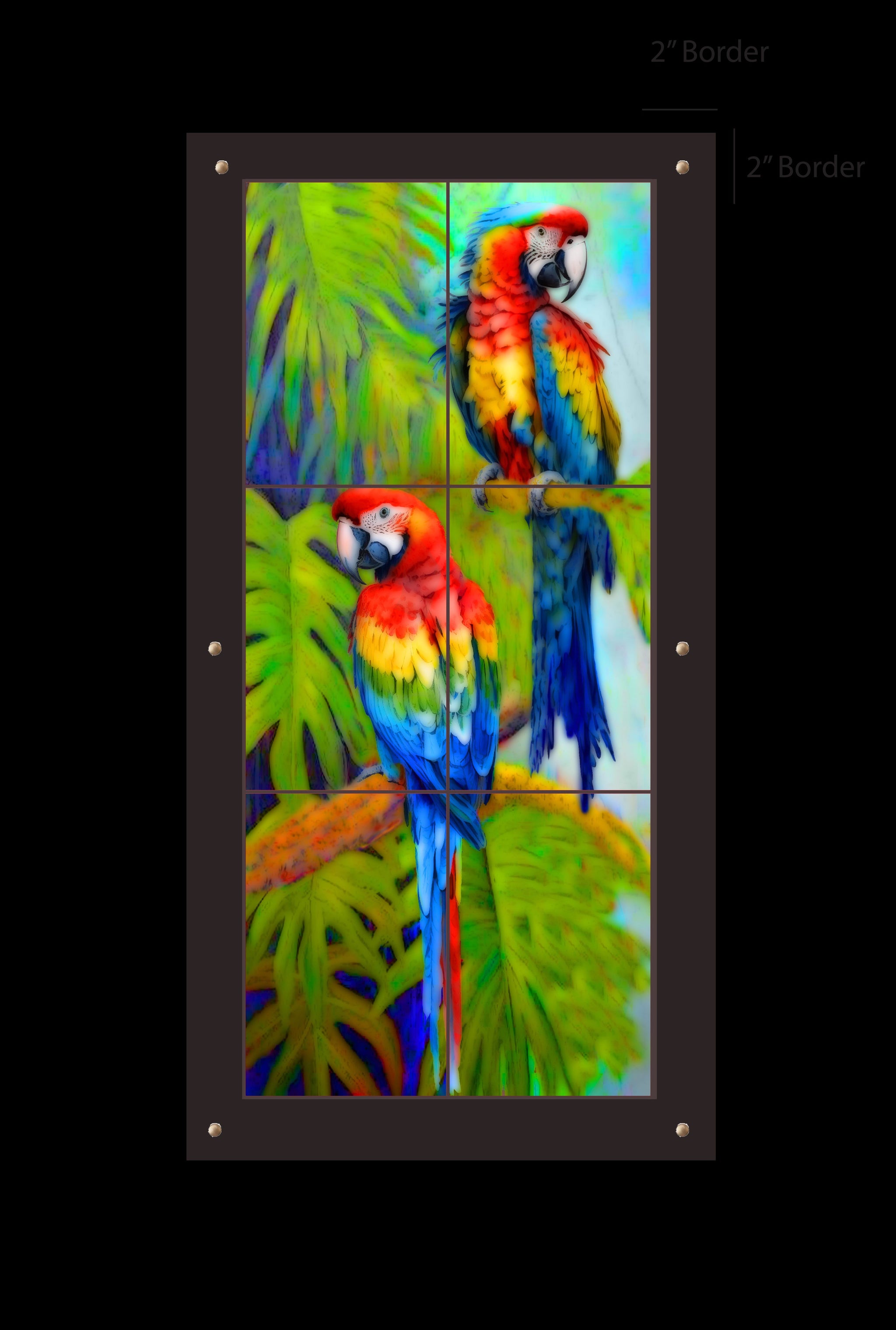 Mccaw Parrots outdoor art — 2x3 multi-panel, walnut brown polymer cement frame