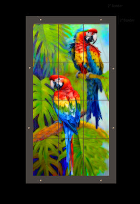 Mccaw Parrots outdoor art — 3x4 multi-panel, walnut brown polymer cement frame
