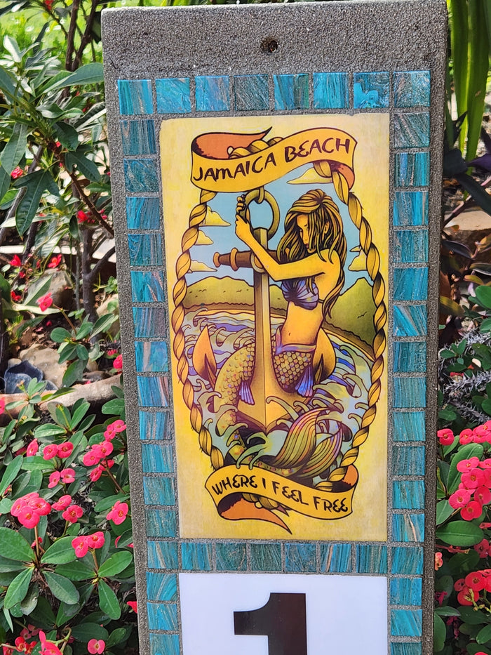 Completed Mermaid Peace address sign - Teal Metallic border tiles