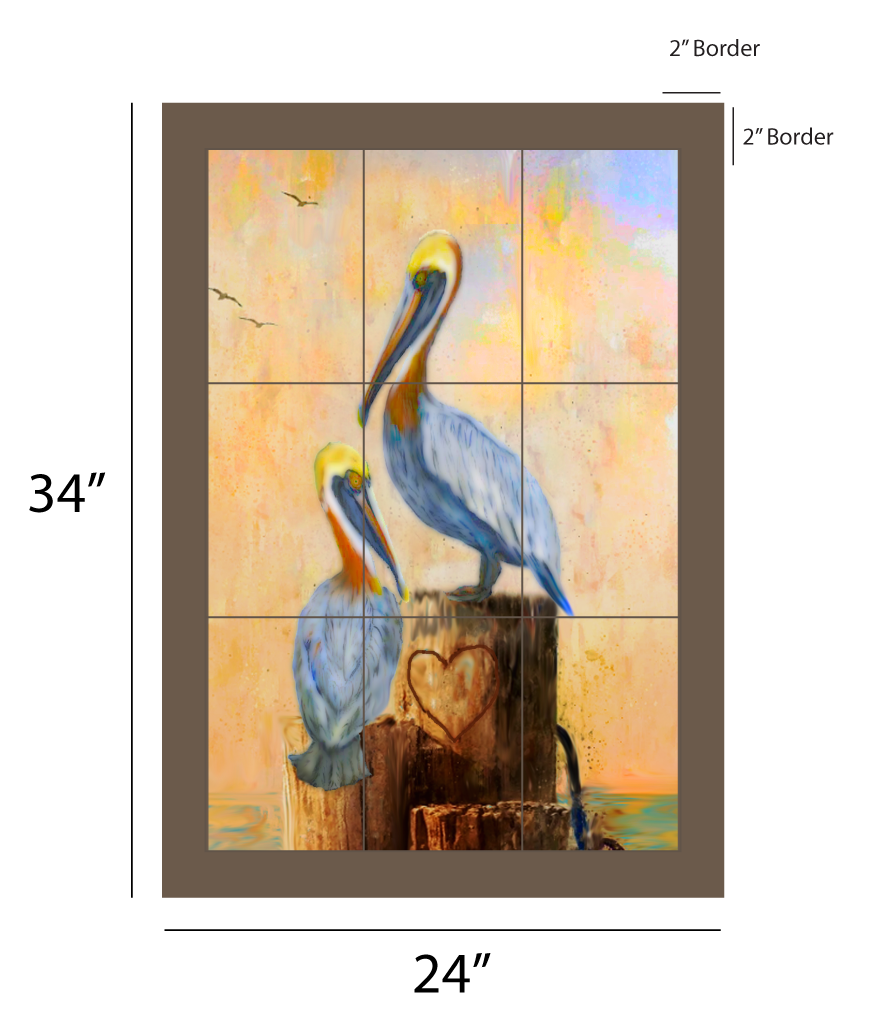 Pelican Love outdoor art, two pelicans on a piling, kiln-fired glass panel