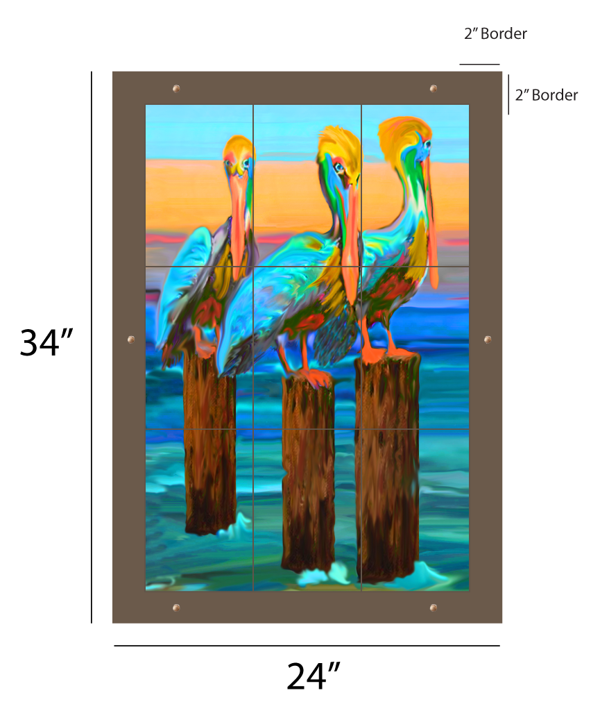 Pelican Perch outdoor art, three pelicans on pier pilings, kiln-fired glass panel