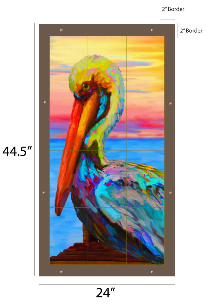 Pelican Pier outdoor art, a colorful pelican at sunset, kiln-fired glass panel