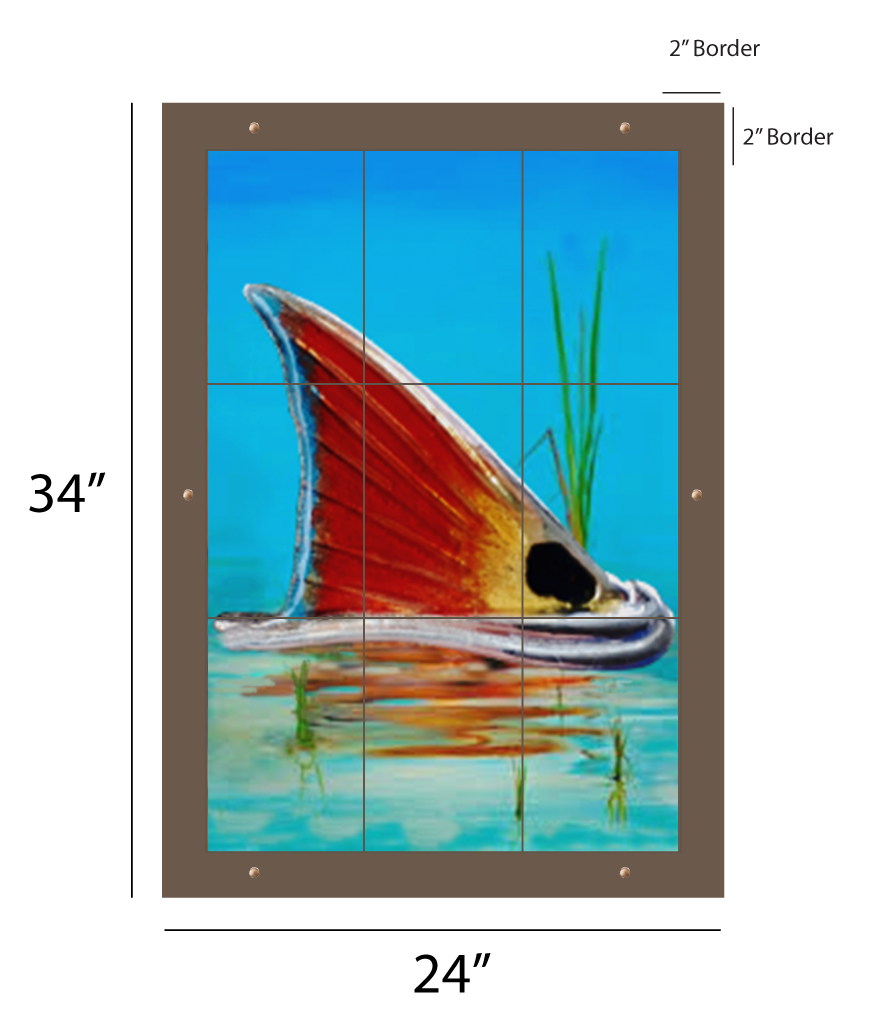 Redfish Jewel outdoor art, a tailing redfish, kiln-fired glass panel