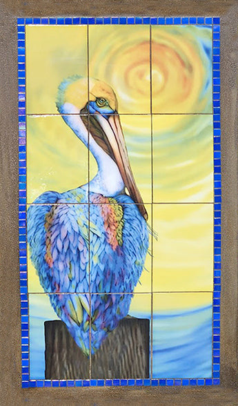 Stanley the Pelican outdoor art, a brown pelican on a post, kiln-fired glass panel