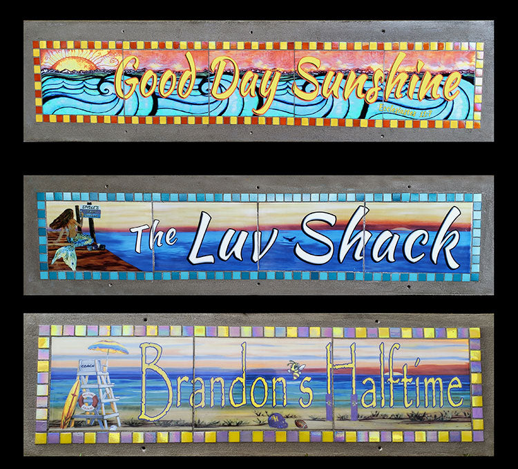 Three kiln-fired glass beach house signs: Good Day Sunshine, The Luv Shack and Brandon's Halftime