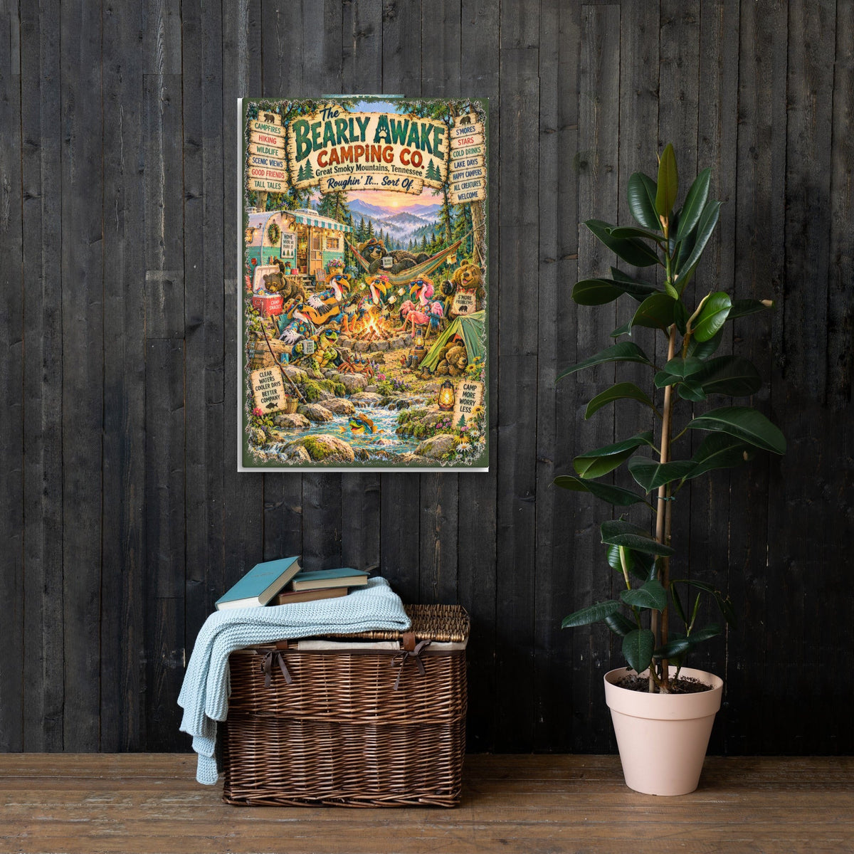 The Bearly Awake Camping Co. Canvas 24x36 on a dark wood wall