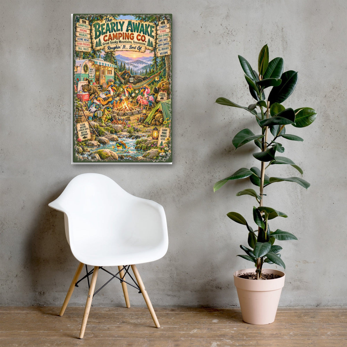 The Bearly Awake Camping Co. Canvas 24x36 above a chair
