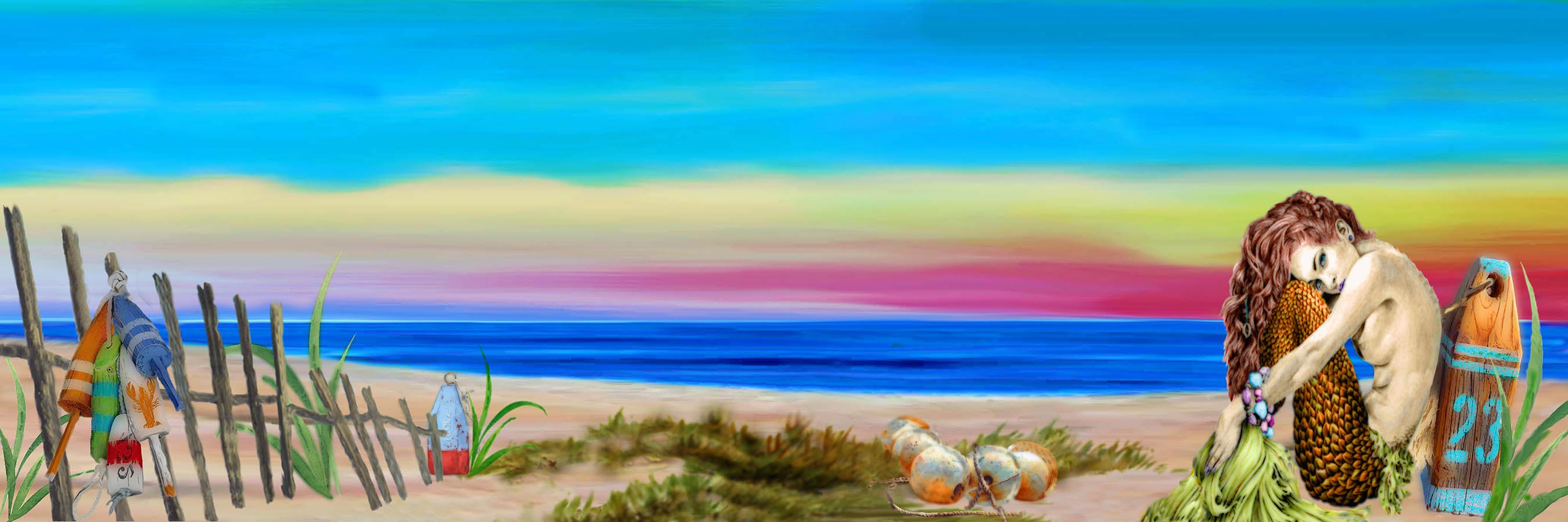 Buoys on the shore with mermaid