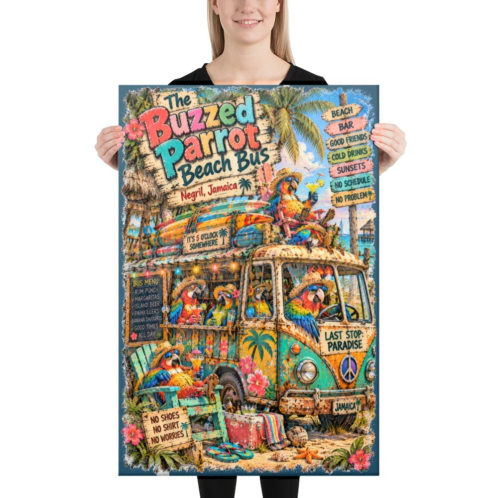 The Buzzed Parrot Beach Bus Canvas, 24x36