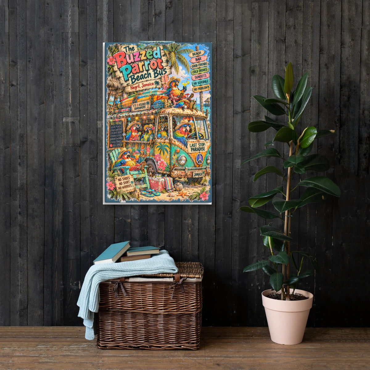 The Buzzed Parrot Beach Bus Canvas 24x36 on a dark wood wall
