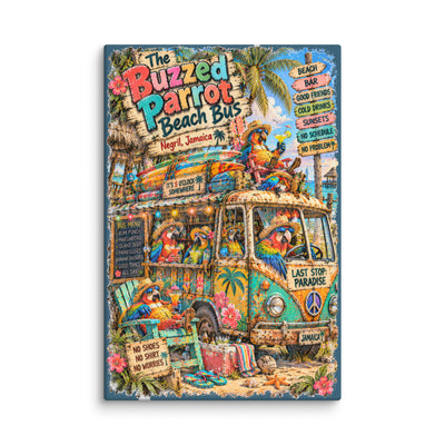 The Buzzed Parrot Beach Bus canvas print – original artwork by The Glass Tattoo Company