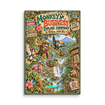 Monkey Business Zipline Company canvas print – original artwork by The Glass Tattoo Company