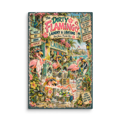 The Dirty Flamingo Laundry & Libations canvas print – original artwork by The Glass Tattoo Company