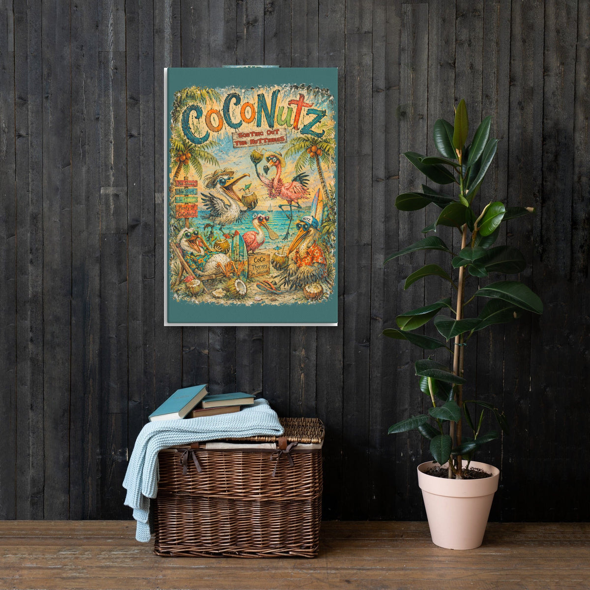 CoCoNutz Therapy Session Canvas 24x36 on a dark wood wall