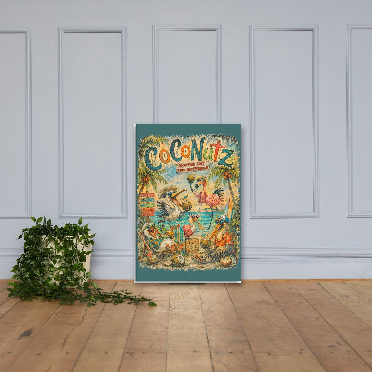 CoCoNutz Therapy Session Canvas 24x36 leaning on a paneled wall