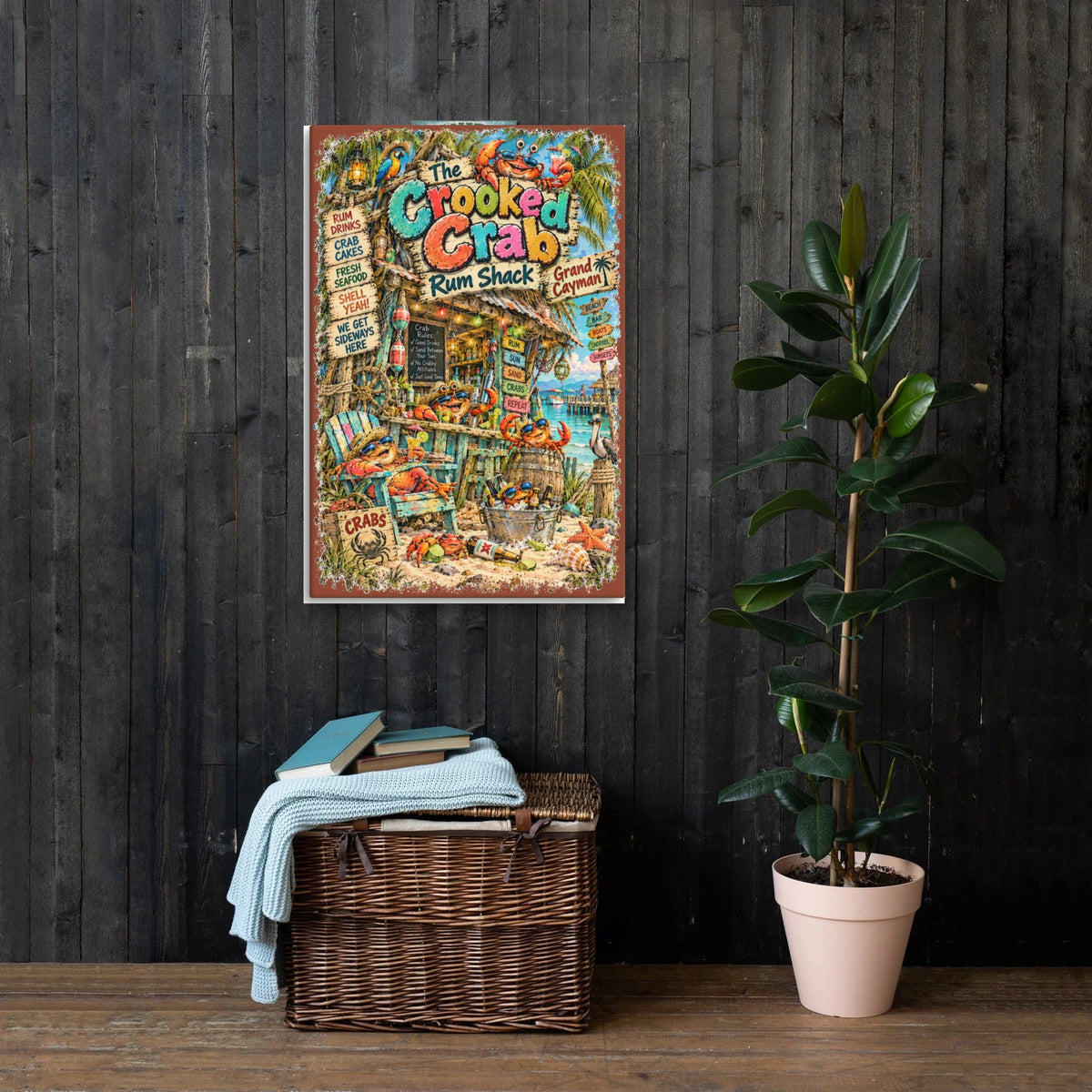 The Crooked Crab Rum Shack Canvas 24x36 on a dark wood wall