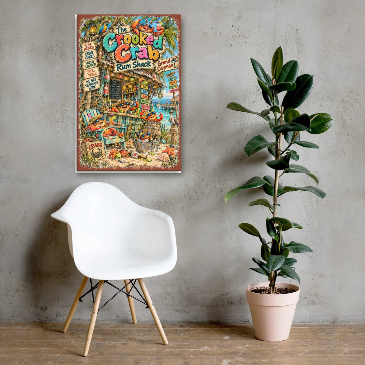 The Crooked Crab Rum Shack Canvas 24x36 above a chair