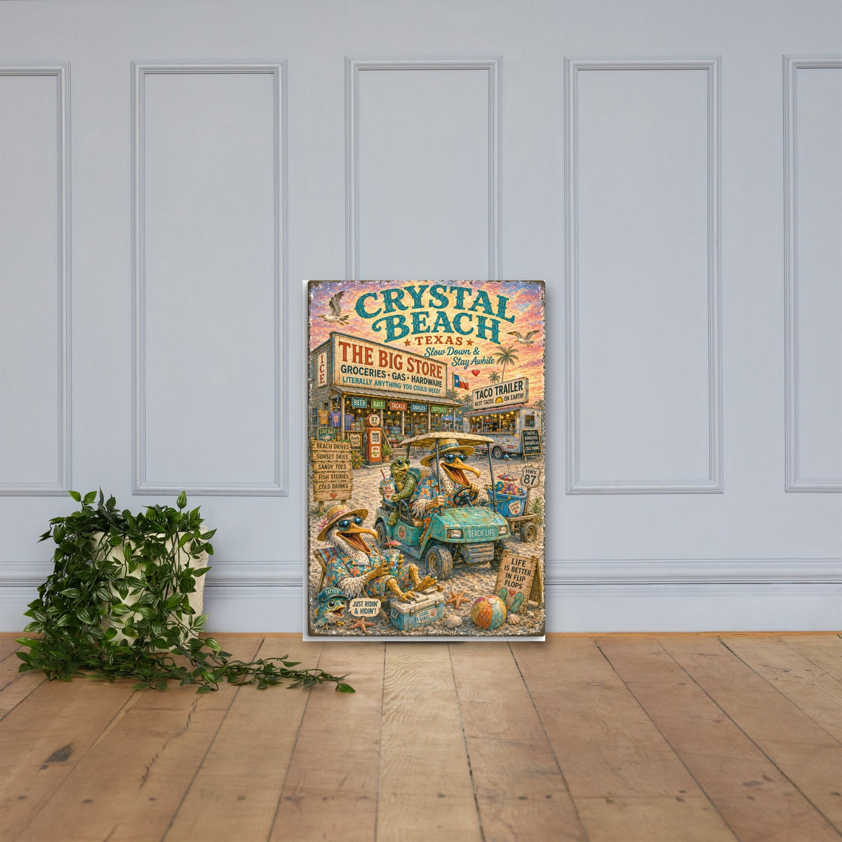 Crystal Beach Big Store canvas, 24x36 leaning on the floor