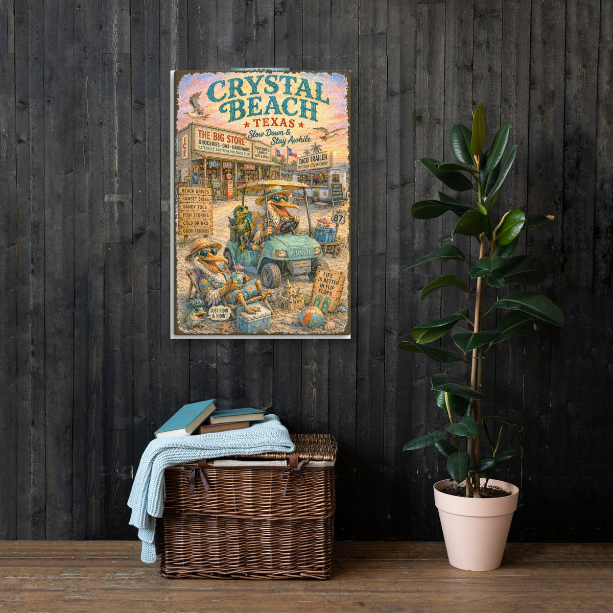 Crystal Beach Big Store & Taco Trailer canvas, 24x36 in a living room