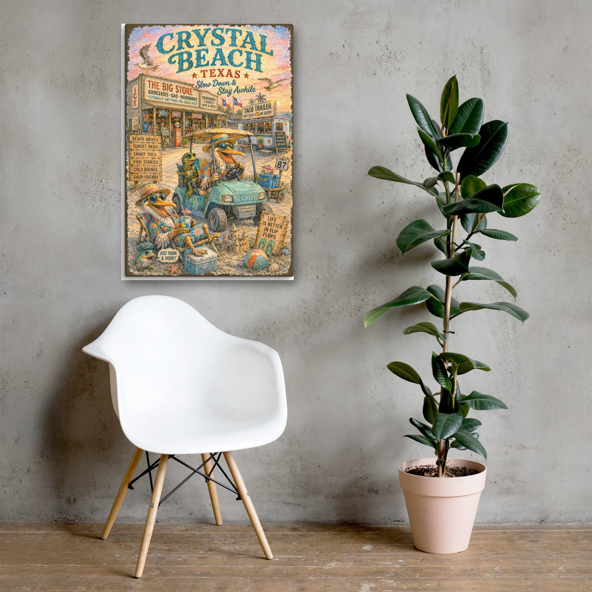 Crystal Beach Big Store & Taco Trailer canvas, 24x36 over a console