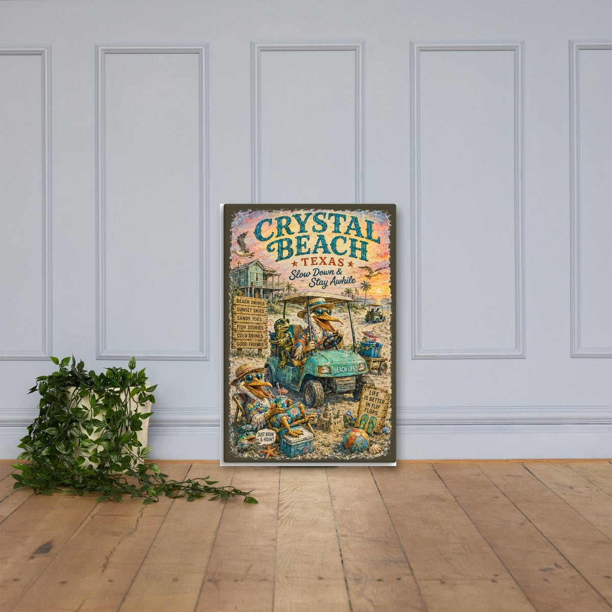 Crystal Beach Texas canvas, 24x36 leaning on the floor