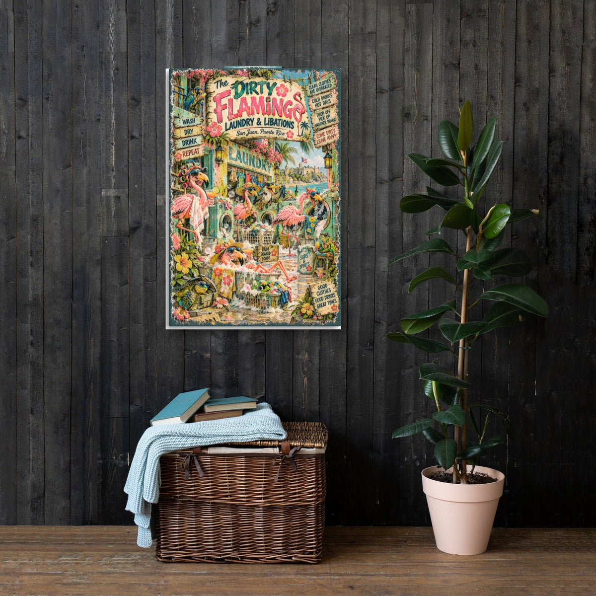 The Dirty Flamingo Laundry & Libations Canvas 24x36 on a dark wood wall