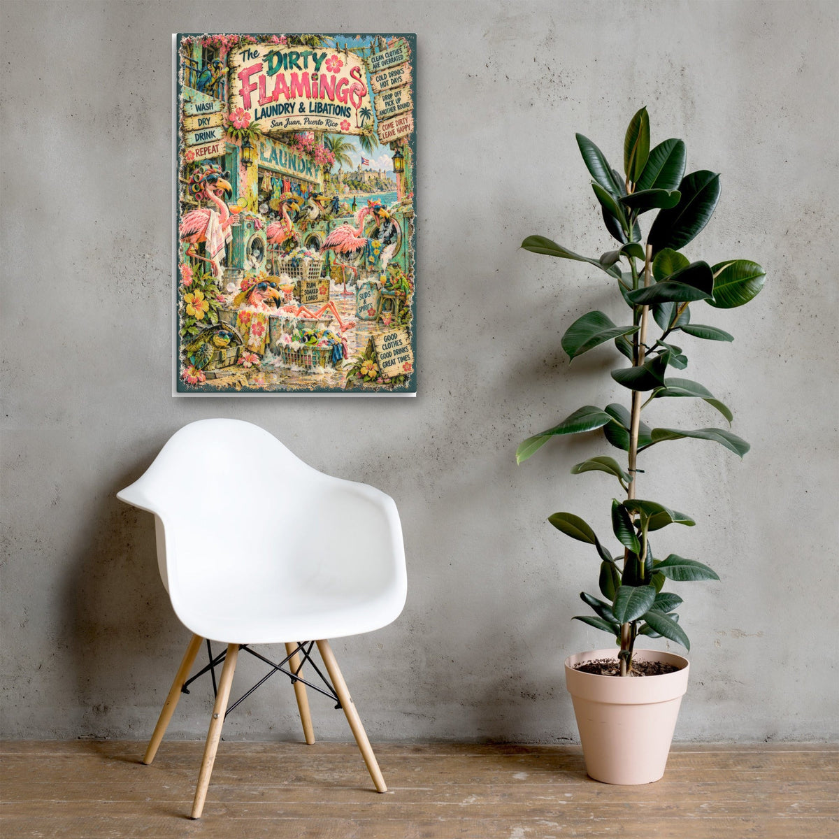 The Dirty Flamingo Laundry & Libations Canvas 24x36 above a chair