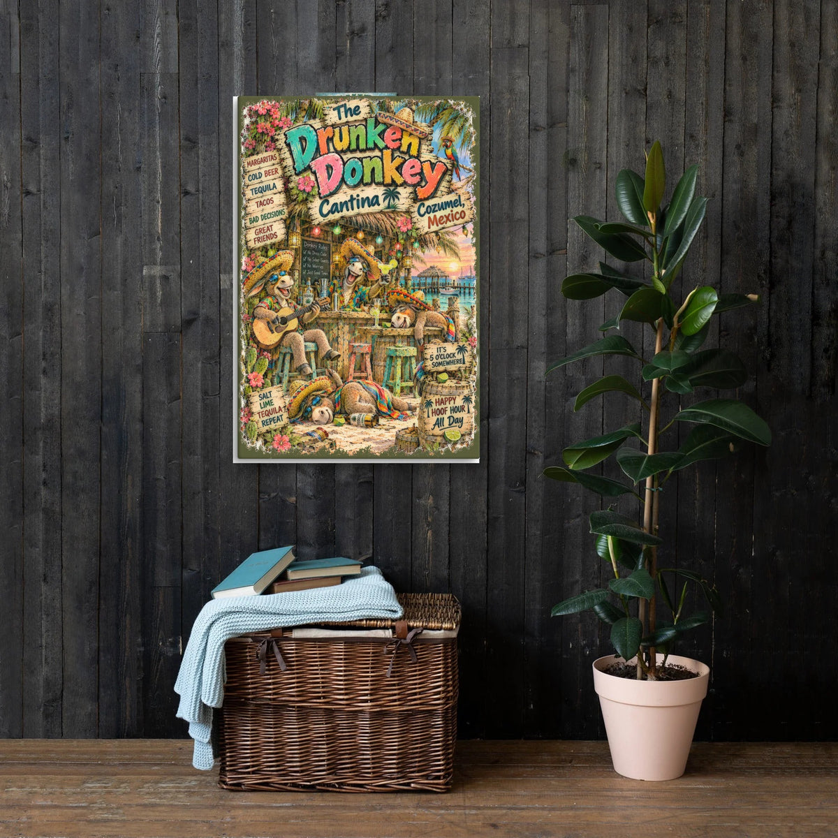 The Drunken Donkey Cantina Canvas 24x36 on a dark wood wall