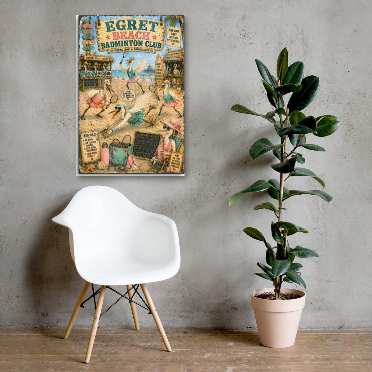 Egret Beach Badminton Club canvas, 24x36 over a console