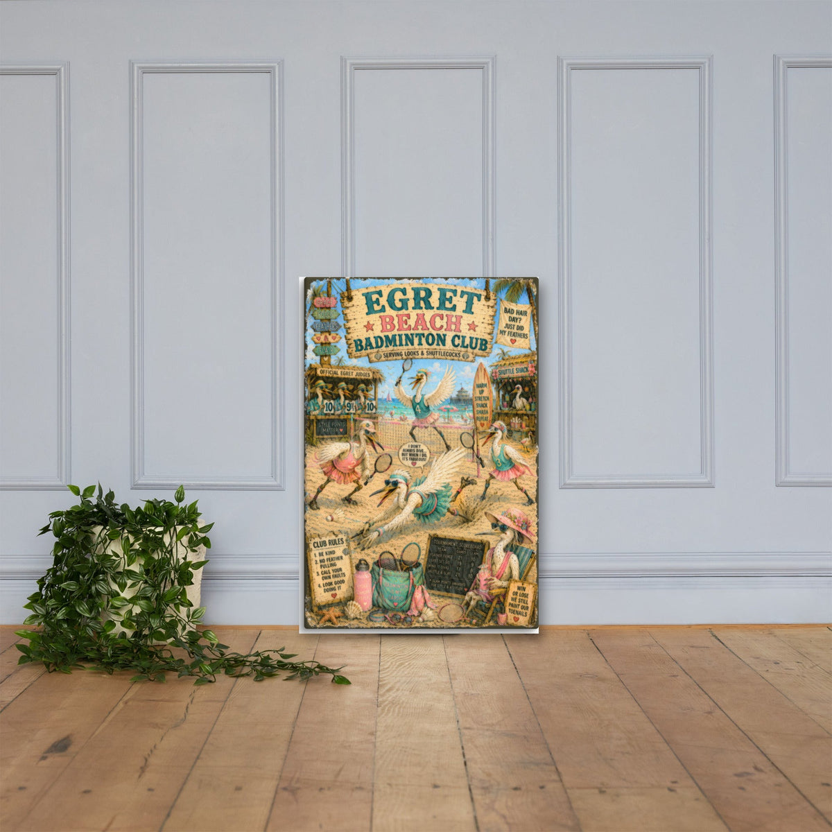 Egret Beach Badminton Club canvas, 24x36 leaning on the floor