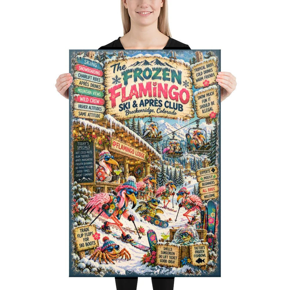 The Frozen Flamingo Ski & Après Club Canvas, 24x36