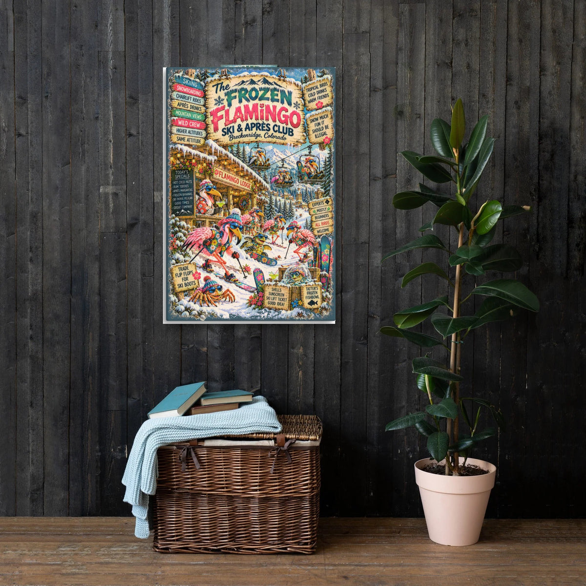 The Frozen Flamingo Ski & Après Club Canvas 24x36 on a dark wood wall