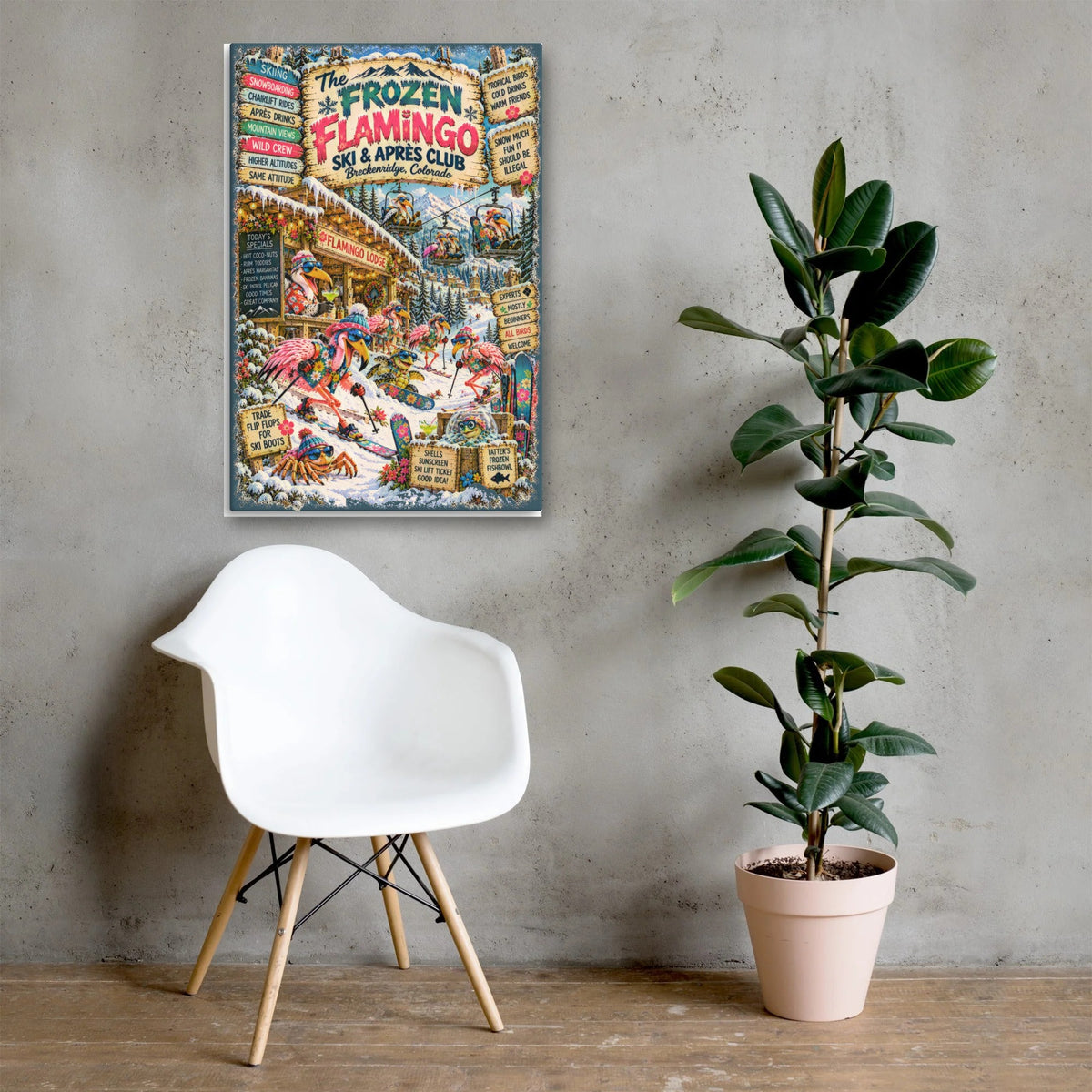 The Frozen Flamingo Ski & Après Club Canvas 24x36 above a chair