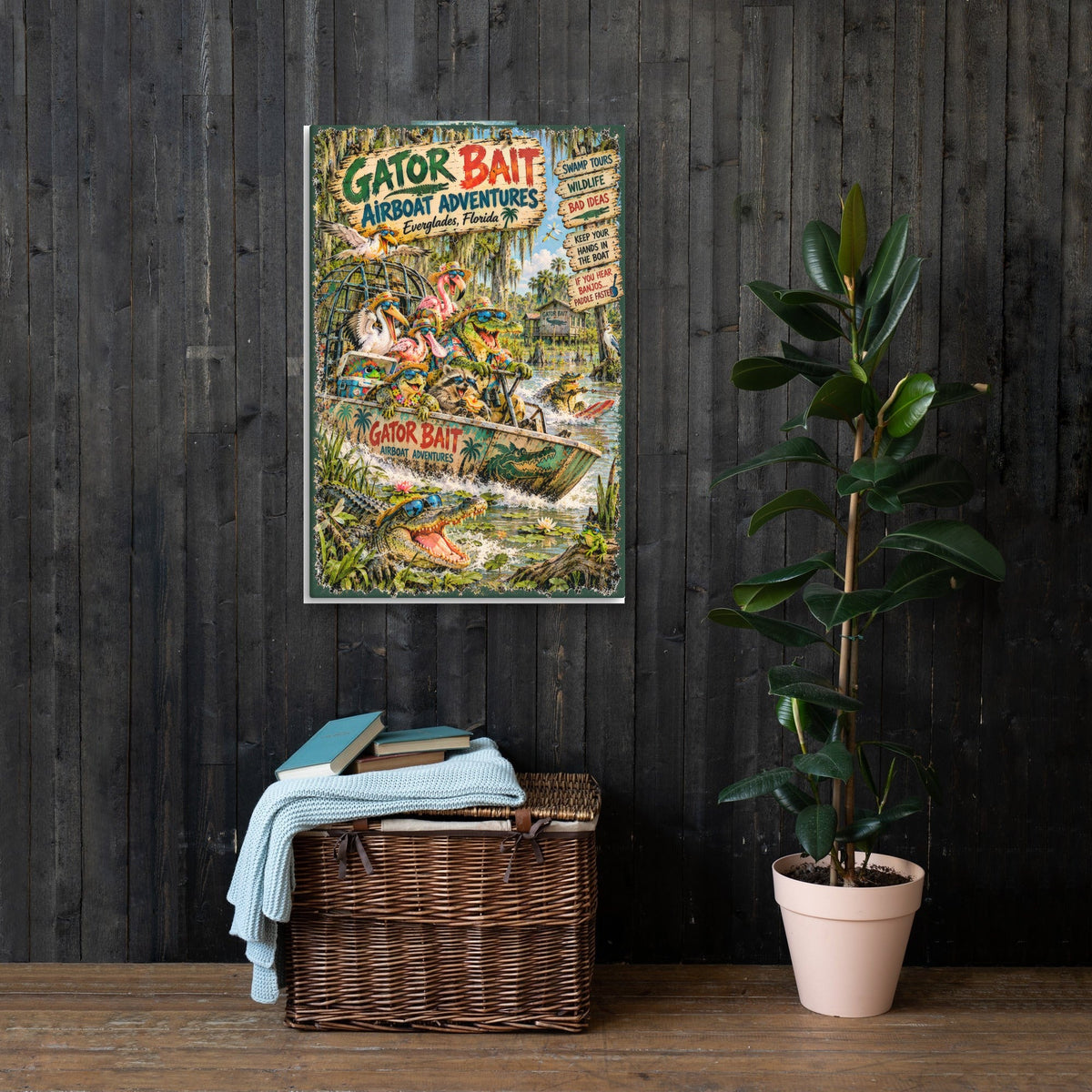 Gator Bait Airboat Adventures Canvas 24x36 on a dark wood wall